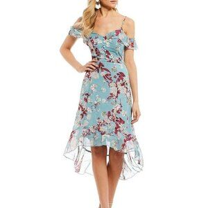 NWTs Honey & Rosie Turquoise & Purple Floral Off The Shoulder High Low Dress